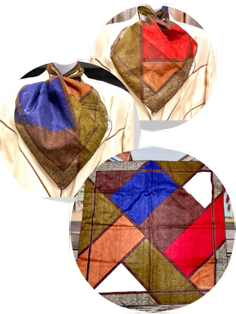 Yves Saint Laurent Silk/Cotton  Mini Scarf Brown Gold Black Blue White (28)